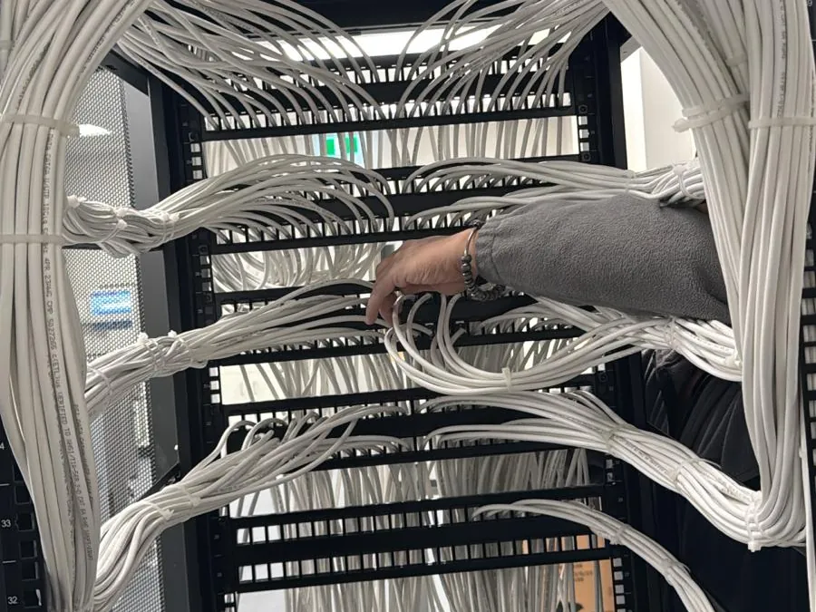 Cat cable dressed and bundled into a patch-panel rack