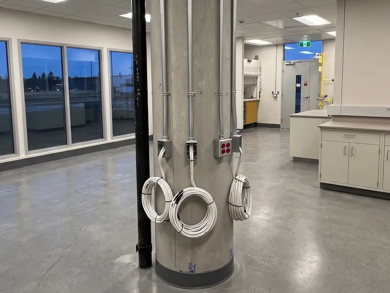 Conduit runs down a concrete column into device boxes, with coils of control cable ready to pull